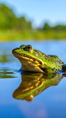 Fototapeta premium Frog on water, vibrant colors