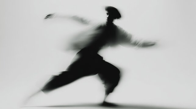 A blurred silhouette of a dancer in motion, showcasing dynamic movement and grace. The background is plain white, emphasizing the dancer's form. - Powered by Adobe