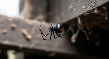 A black widow spider hanging upside down from a wooden surface with a red hourglass marking on it