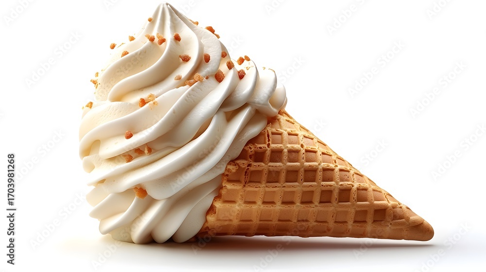 Poster creamy vanilla soft serve ice cream in a waffle cone sprinkled with crunchy toppings isolated on a c