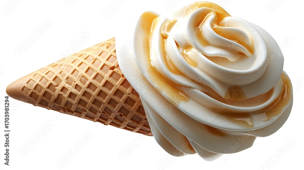 Poster creamy soft serve ice cream with caramel drizzle on a golden waffle cone isolated on a clean white b