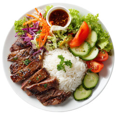 Grilled beef with rice and fresh vegetables served in a vibrant setting