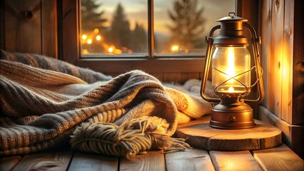 Cozy rustic cabin with warm lantern light, perfect for relaxing evenings and peaceful winter getaways
