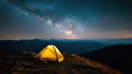 A glowing yellow tent sits on a rocky mountain hillside, illuminated by the stars above. The Milky Way stretches across the night sky, creating a breathtaking view.