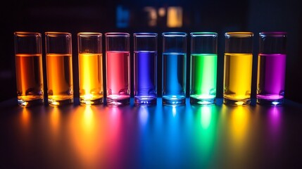 Chemistry glassware filled vibrant glowing liquids arranged symmetrically on black lab bench cinematic lighting