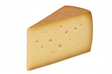 Triangular swiss cheese wedge featuring prominent holes, showcasing distinctive texture against transparent backdrop