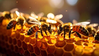 Bees on honeycomb in sunlight