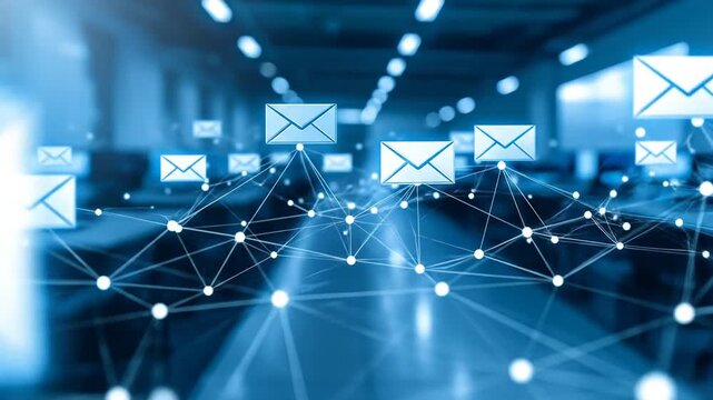 Digital Mail Flow: Envelopes Network in Blue Tones, Communication Concept