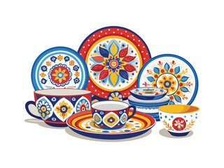 Vibrant hand painted ceramic dinnerware set with intricate floral and geometric patterns