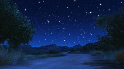 Fototapeta premium Starry night desert road and mountain landscape