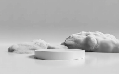 Clean white cylindrical podium on a smooth light grey surface with soft fluffy clouds in the