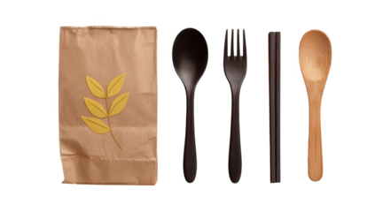 High quality photo of brown paper bag with cutlery and chopsticks isolated on transparent background.