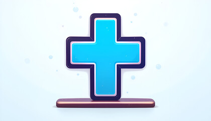 Obraz premium A vibrant blue cross with a metallic sheen and a dark outline, presented in a 3d render with a subtle glow, resting on a polished coppercolored base against a clean, bright white background