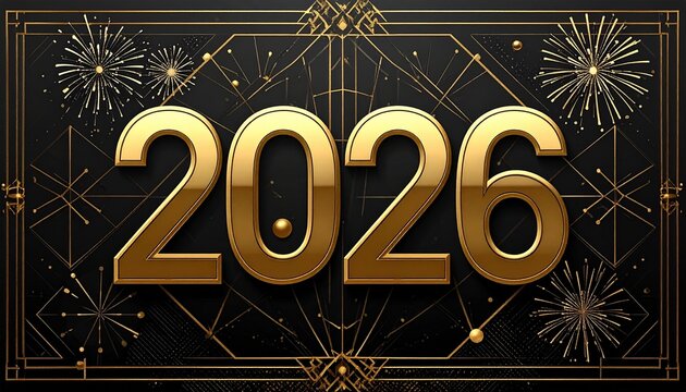Golden 2026 New Year's Eve Celebration with Fireworks and Geometric Art Deco Background