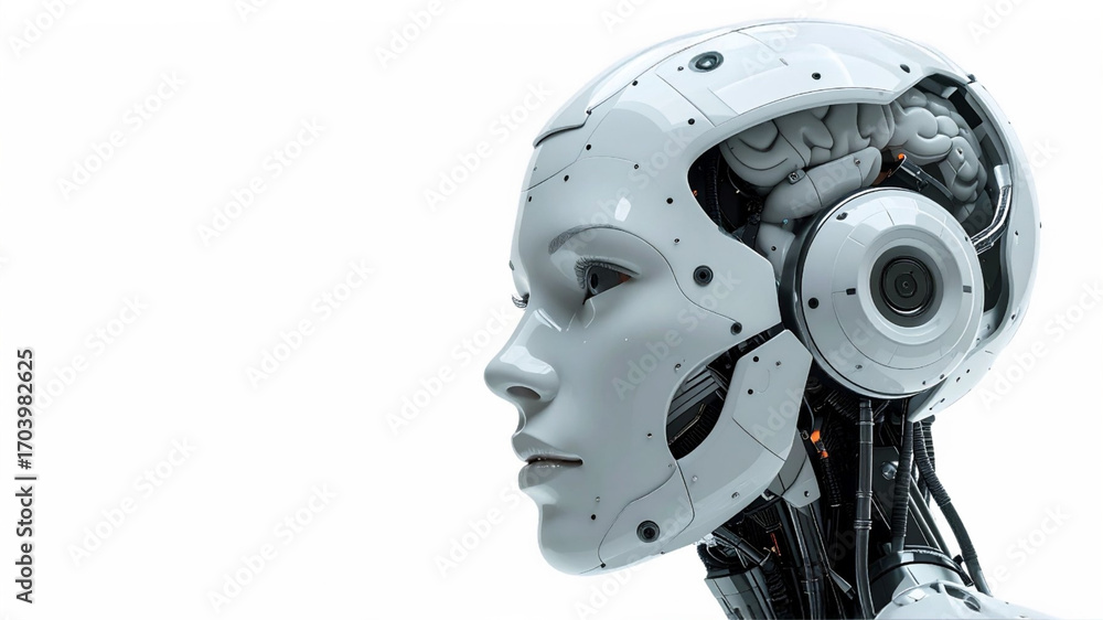 Poster a futuristic robot's face showcasing advanced technology and artificial intelligence with a detailed