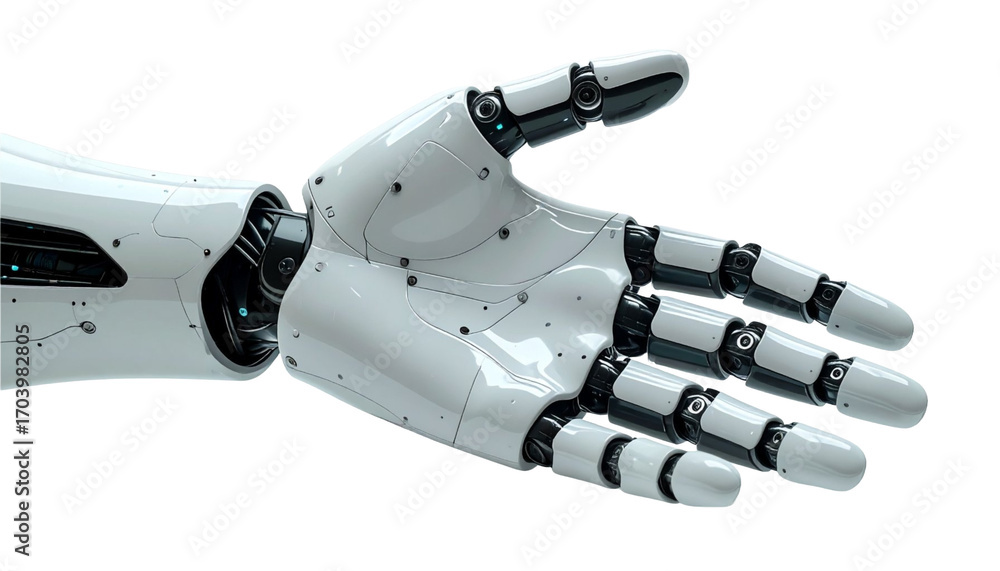 Poster the robotic hand extends a gesture of assistance or a welcoming handshake. its metallic composition 