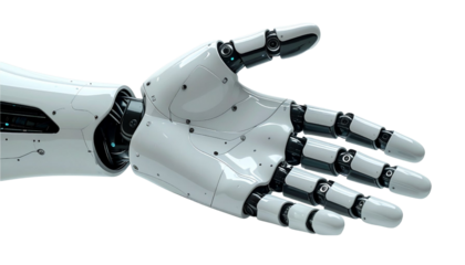The robotic hand extends a gesture of assistance or a welcoming handshake. Its metallic composition and intricate design are highlighted