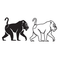 Artful Mandrill Silhouette & Mandrill Lineart – Mandrill Vector Drawing with Creative Line Expression – Mandrill Illustration – Silhouette and Lineart Set of Mandrill