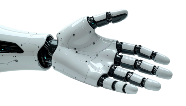 The robotic hand extends a gesture of assistance or a welcoming handshake. Its metallic composition and intricate design are highlighted