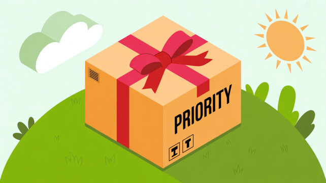 Priority shipping box delivery service with ribbon and sun on a hill for express package delivery