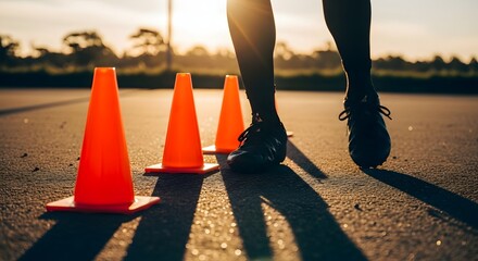 Athlete performing speed and agility drills by running through a line of bright orange cones during an outdoor workout at sunset