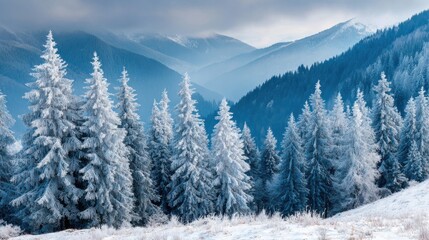 Fototapeta premium A serene winter landscape features tall, snow-covered trees in the foreground, with distant misty mountains and a soft blue sky, evoking a peaceful atmosphere at dawn.