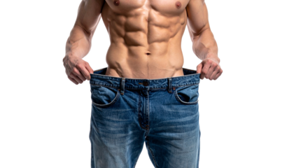 A person showcasing weight loss progress by wearing an oversized pair of jeans, highlighting their muscular physique