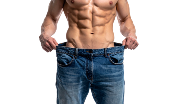 A person showcasing weight loss progress by wearing an oversized pair of jeans, highlighting their muscular physique - Powered by Adobe