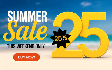'SUMMER Sale' text and large yellow 3D '25' with '25 ' starburst on blurred beach background