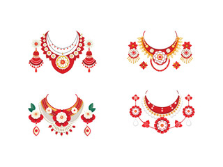 Four ornate and colorful traditional indian necklaces with matching earrings displayed against a white background