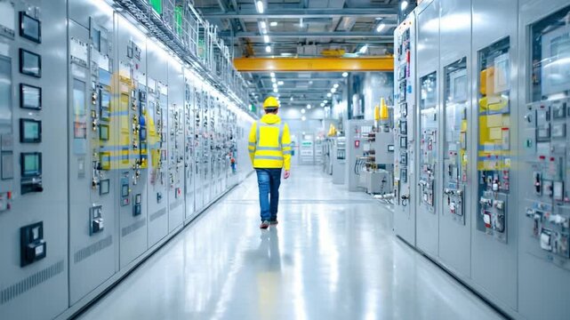 The Heart of Industry: A lone figure in a bright safety jacket strides purposefully through a vast industrial space, showcasing precision, power, and the vital work behind the scenes.