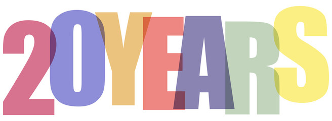 Colorful text graphic celebrating 20 years anniversary