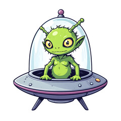 A Cute Cartoon Alien Character PNG on Transparent Background Piloting a Spaceship or Flying Saucer.
