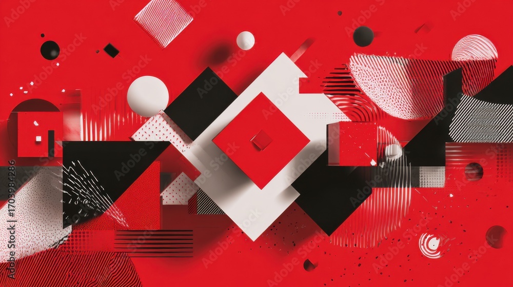 Poster this artwork features a vibrant arrangement of geometric shapes in red, black, and white, showcasing