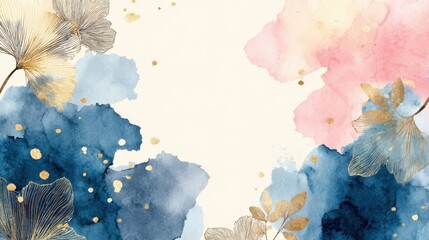 Soft watercolor artwork showcases an array of blue and pink hues blended together with intricate floral elements and shimmering gold accents, creating a tranquil and sophisticated aesthetic.