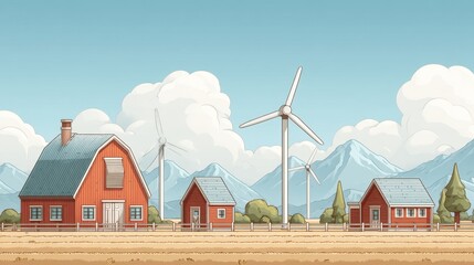 Idyllic rural landscape featuring red farmhouses, wind turbines, and majestic mountains under a clear blue sky with fluffy clouds in the background