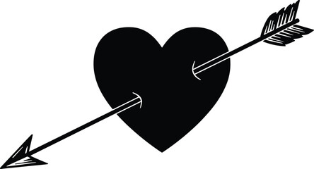 Minimalist black heart pierced by an arrow vector illustration symbolizing love, heartbreak, emotion, romance, valentine passion, and desire.