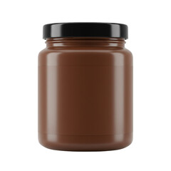 A full glass jar of rich chocolate hazelnut spread with a black lid isolated on transparent background