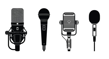 Four classic and modern microphones isolated on white studio broadcast audio recording equipment vector