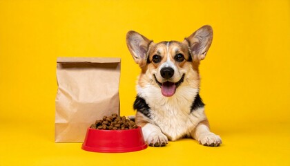 A happy corgi sits proudly beside its food in front of a vibrant yellow backdrop, conveying contentment and anticipating mealtime. The dog has a charming expression and seems delighted with its meal.