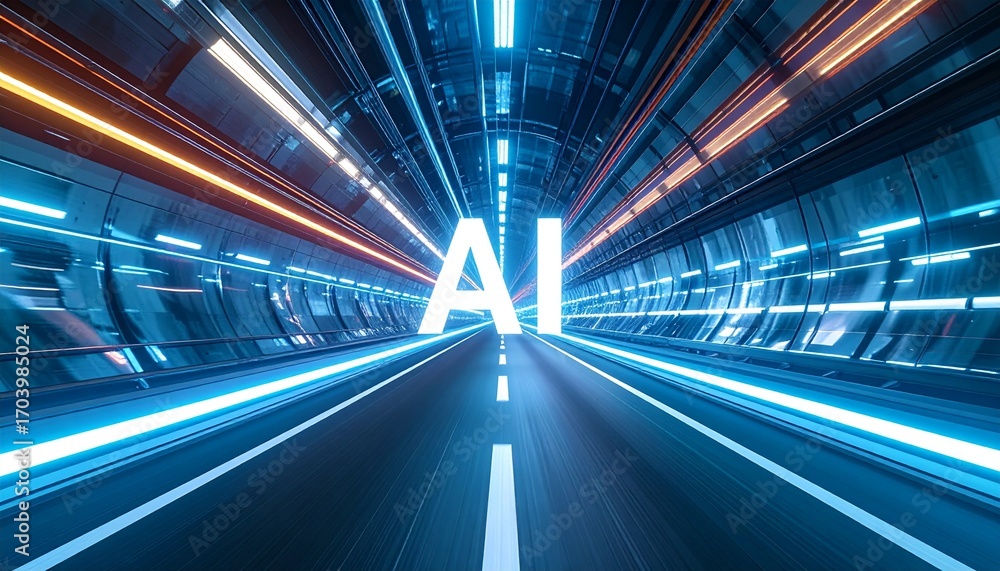 Poster the ai concept displayed inside a high-tech tunnel with dynamic light trails