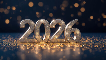 Shiny Golden 2026 Numbers with Sparkling Glitter Lights &ndash; New Year Celebration, Holiday Party Decoration, and Festive Background Design for Greeting Cards or Event Posters