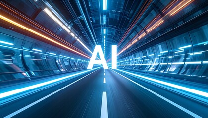 The AI concept displayed inside a high-tech tunnel with dynamic light trails