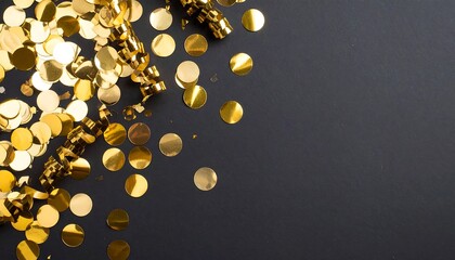 Gold confetti and streamers on dark background