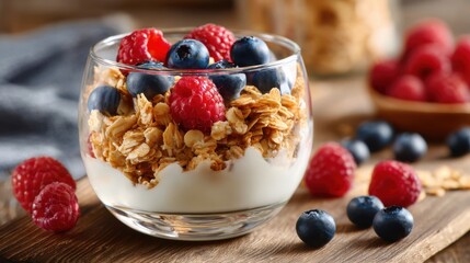A vibrant yogurt parfait features layers of creamy yogurt, crunchy granola, and fresh raspberries and blueberries, displayed on a rustic wooden table in a sunny kitchen.
