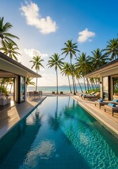 Fototapeta premium Luxurious beachside villa with infinity pool and tropical palm trees