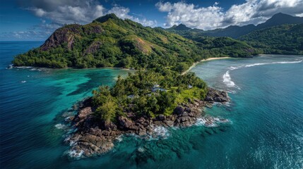Obraz premium Tropical island features dense vegetation and rocky shoreline, set against vibrant turquoise waters. The scene captures the tranquility of nature, with hills in the background under a sunny sky.