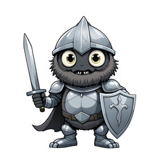 A Cute Cartoon Monster Knight PNG on Transparent Background with a Sword, Shield, and Horned Helmet.