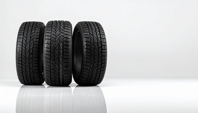 Three tires are displayed, showcasing the tread pattern and design
