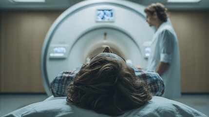 Man lying in MRI machine, viewed from patient's perspective, doctor nearby
